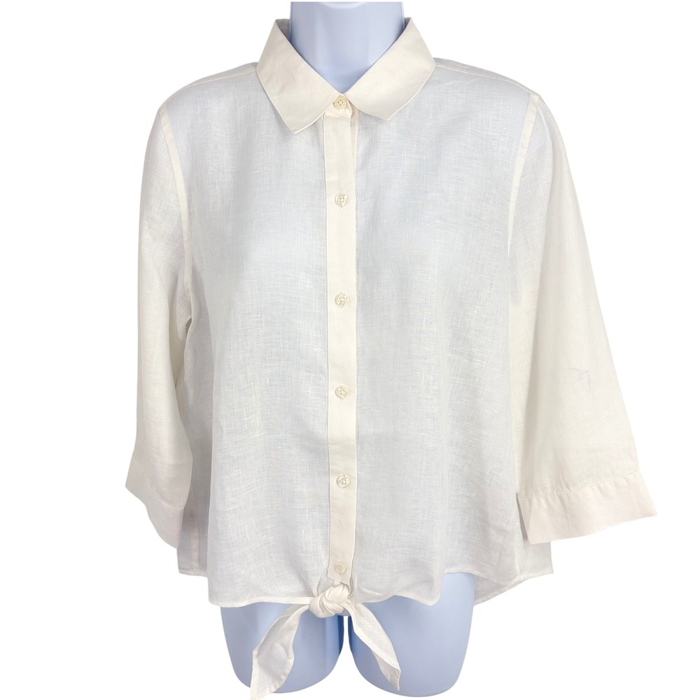 Chico's Linen Shirt Womens 1P M/8 White Lydia No Iron Tie Front Classic NWT - Picture 2 of 13